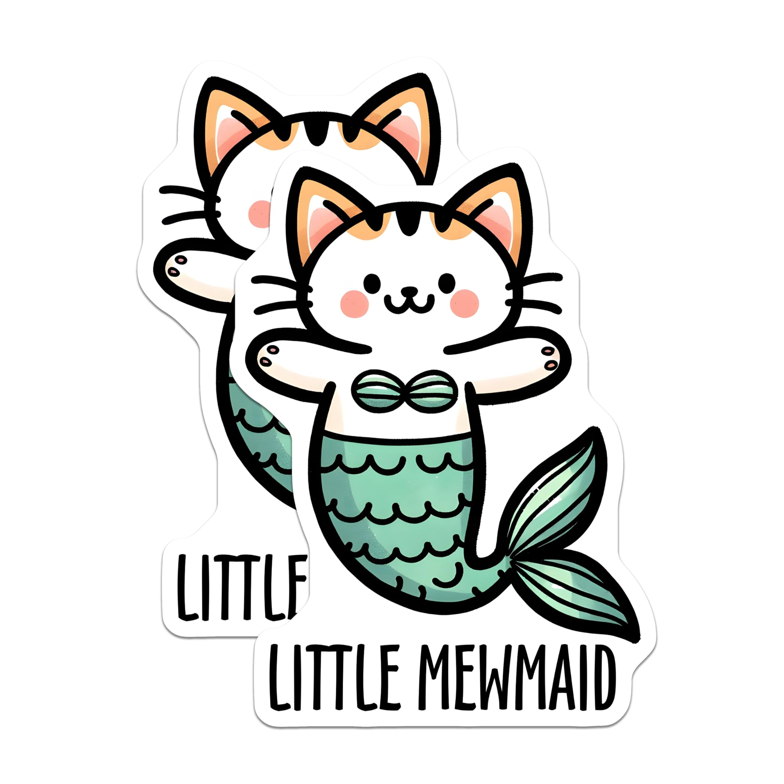 (2 Pack) Little Mewmaid Stickers - Cute Cat Mermaid Stickers - Fun Ocean Animal Stickers for Kids - 5" On Longest Side - Sticks to Any Smooth Flat Surface - Made in USA - BMCS3132