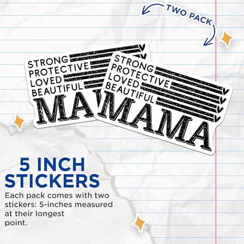 (2 Pack) Strong Protective Loved Beautiful Mama Stickers - Inspirational Quote Decals - Mom Appreciation Stickers - 5" On Longest Side - Sticks to Smooth Flat Surfaces - Made in USA - BMCS7138