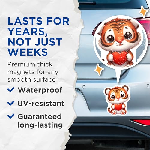 (2 Pack) Tiger Love Magnets - Cute Animal Magnets - Heart Holding Tiger Magnets - Adorable Tiger Kitchen - 5" On Longest Side - for Cars, Fridges, Toolboxes - Made in USA - MAG3698
