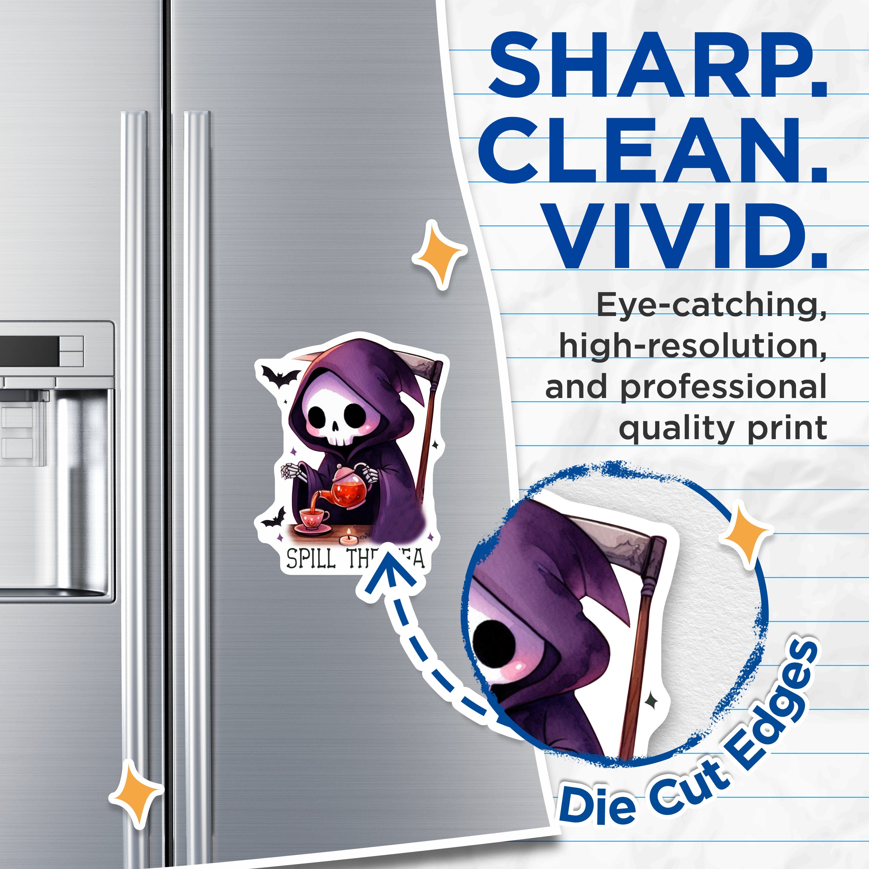 (2 Pack) Spill The Tea Grim Reaper Magnets - Kawaii Goth Aesthetic - Dark Humor Tea Drinker - 5 Inches On Longest Side - Thick Durable Magnet - Made in USA - MAG36169