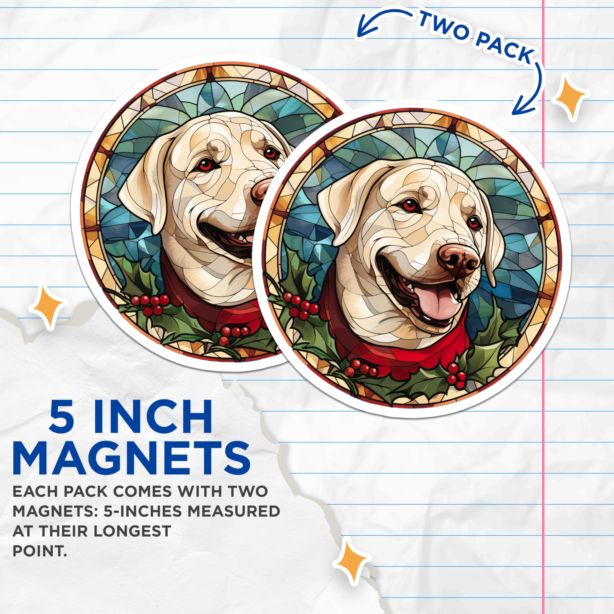(2 Pack) Stained Glass Labrador Magnets - Christmas Dog Holiday Decor - Yellow Lab Pet Refrigerator Art - 5 Inches On Longest Side - Thick Durable Magnet - Made in USA - MAG26815