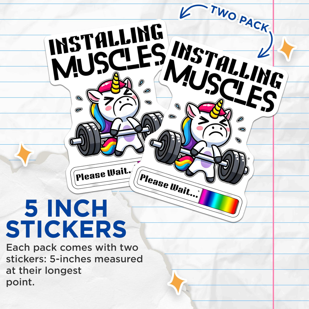 (2 Pack) Installing Muscles Unicorn Stickers - Gym Humor Stickers - Weightlifting Workout Fun - 5" On Longest Side - Sticks to Any Smooth Flat Surface - Made in USA - BMCS3600