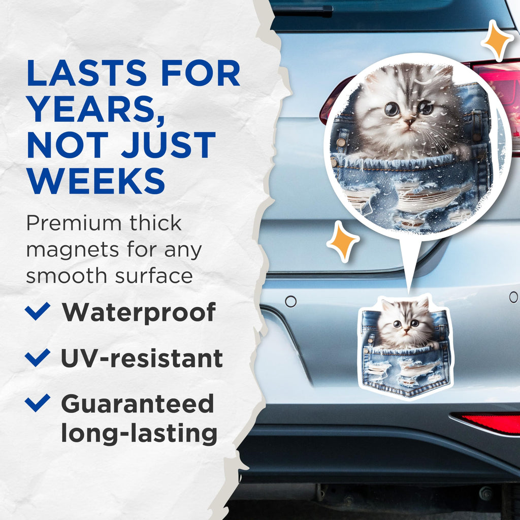 (2 Pack) Kitten in Pocket Magnets - Cute Cat Illustration - Fridge Decor - 5" On Longest Side - Premium Magnet - for Cars, Refrigerators, Toolboxes, Lockers - Made in USA - MAG16062