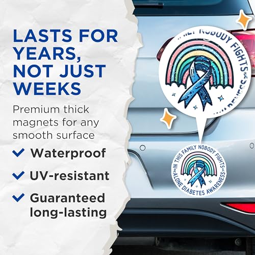 (2 Pack) Diabetes Awareness Magnets - Family Support Magnets - in This Family Nobody Fights Alone Magnets - 5" On Longest Side - for Cars, Fridges, Toolboxes - Made in USA - MAG3820