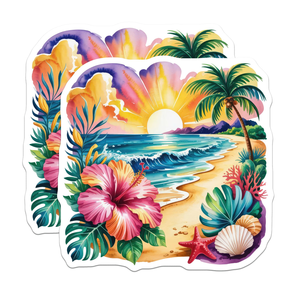 (2 Pack) Tropical Beach Sunset Magnets - Vibrant Ocean View - Hawaiian Floral Decor - Summer Vibes Fridge Locker - 5 Inches On Longest Side - Thick Durable Magnet - Made in USA - MAG36071