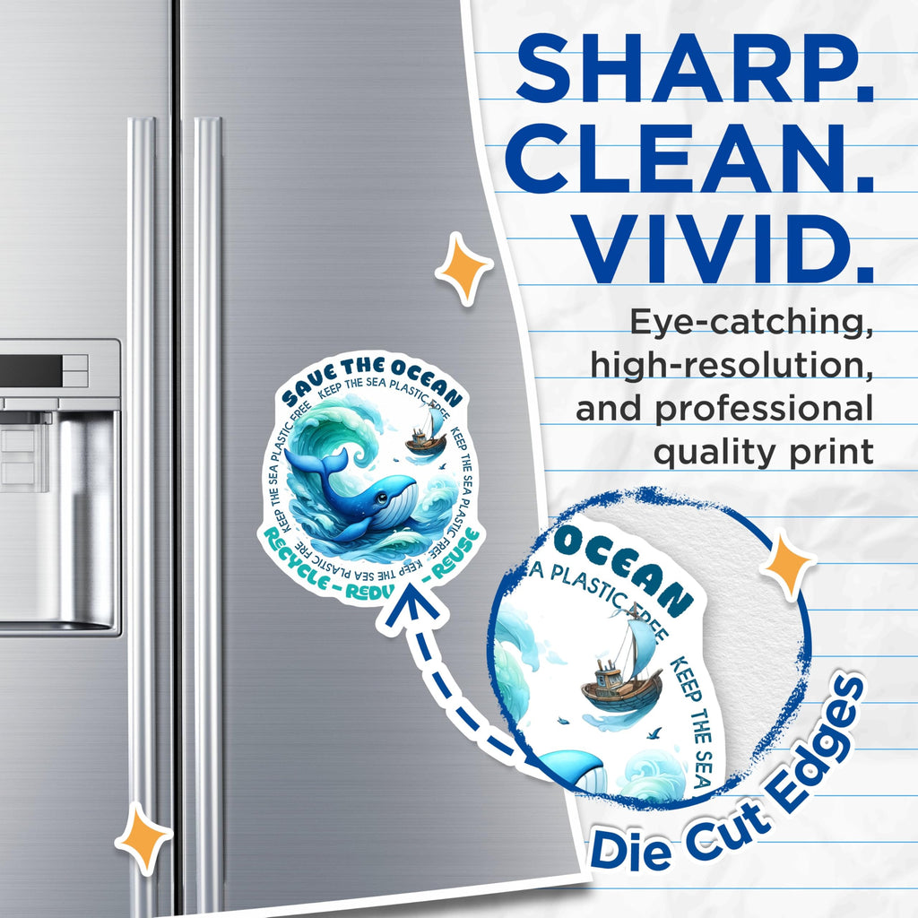 (2 Pack) Save The Ocean Magnets - Recycle Reduce Reuse - Keep The Sea Plastic Free - 5" On Longest Side - for Cars, Fridges, Toolboxes - Made in USA - MAG7956