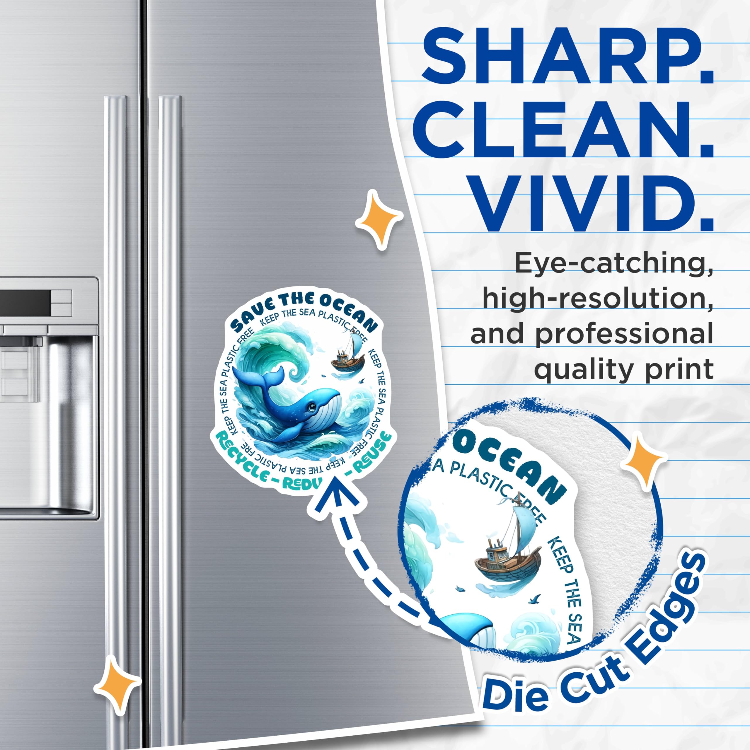 (2 Pack) Save The Ocean Magnets - Recycle Reduce Reuse - Keep The Sea Plastic Free - 5" On Longest Side - for Cars, Fridges, Toolboxes - Made in USA - MAG7956