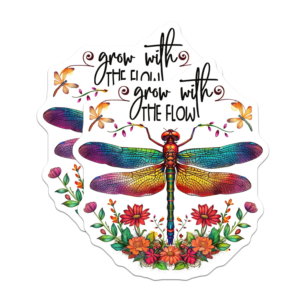 (2 Pack) Grow with The Flow Magnets - Dragonfly Art Decor - Positive Affirmation Fridge Magnets - 5 Inches On Longest Side - Thick Durable Magnet - Made in USA - MAG38111