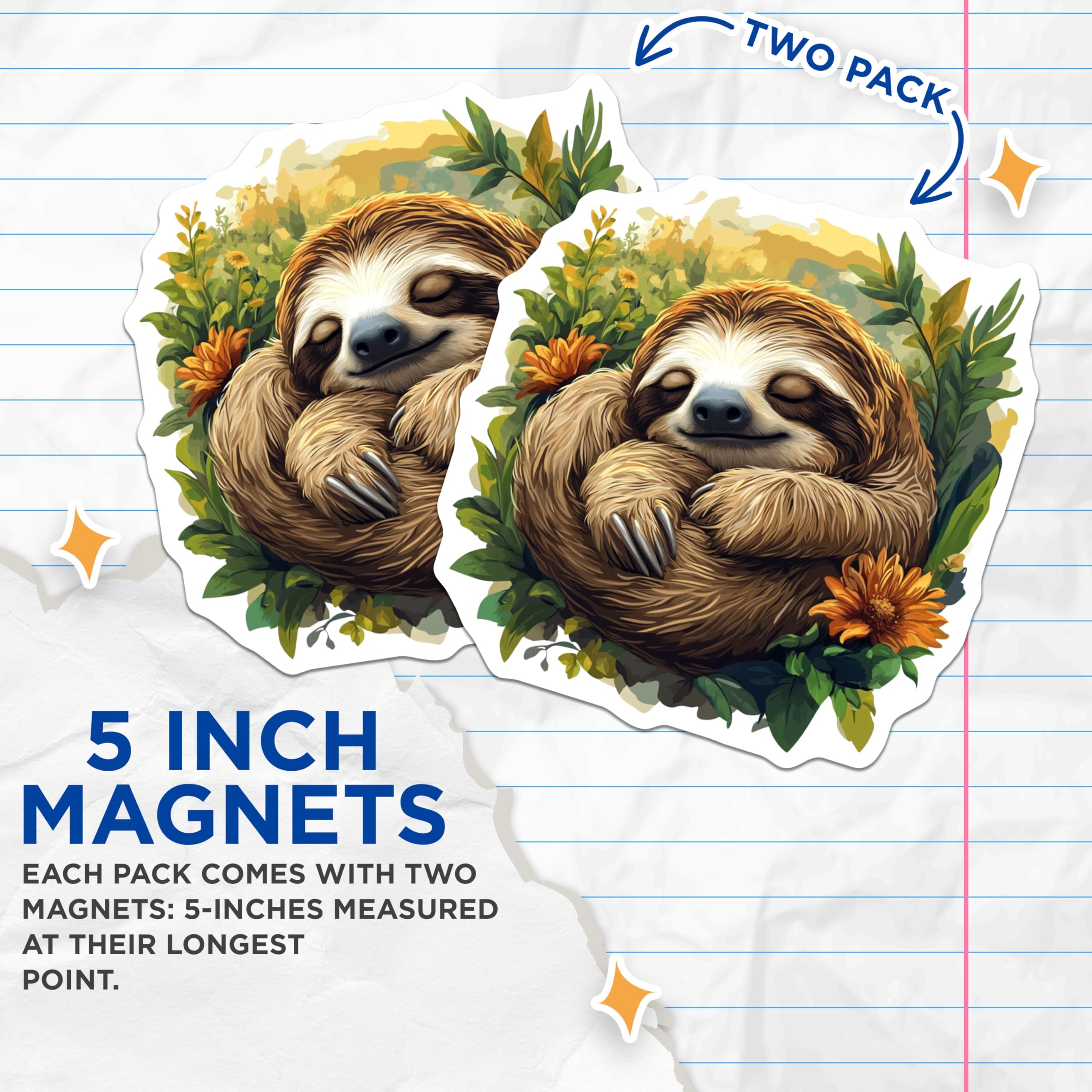 (2 Pack) Adorable Sleeping Sloth Magnets - Peaceful Animal Refrigerator Decor - Tropical Jungle Accent - 5 Inches On Longest Side - Thick Durable Magnet - Made in USA - MAG30834