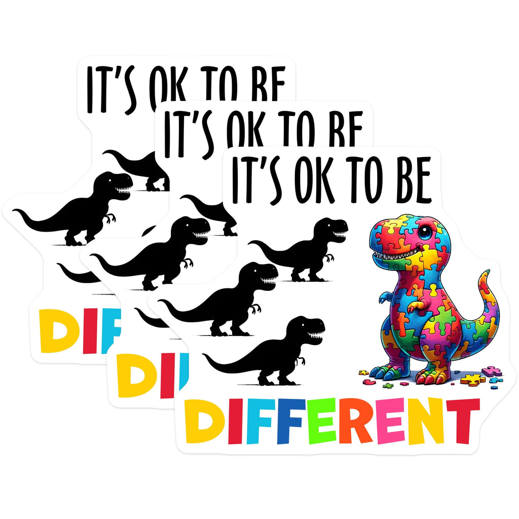(3 Pack) Autism Dinosaur Decals - It's Ok to Be Different - Puzzle T Rex Laptop Decal - 3 Inches On Longest Side - Easy Peel & Apply - Made in USA - 3MCS1992