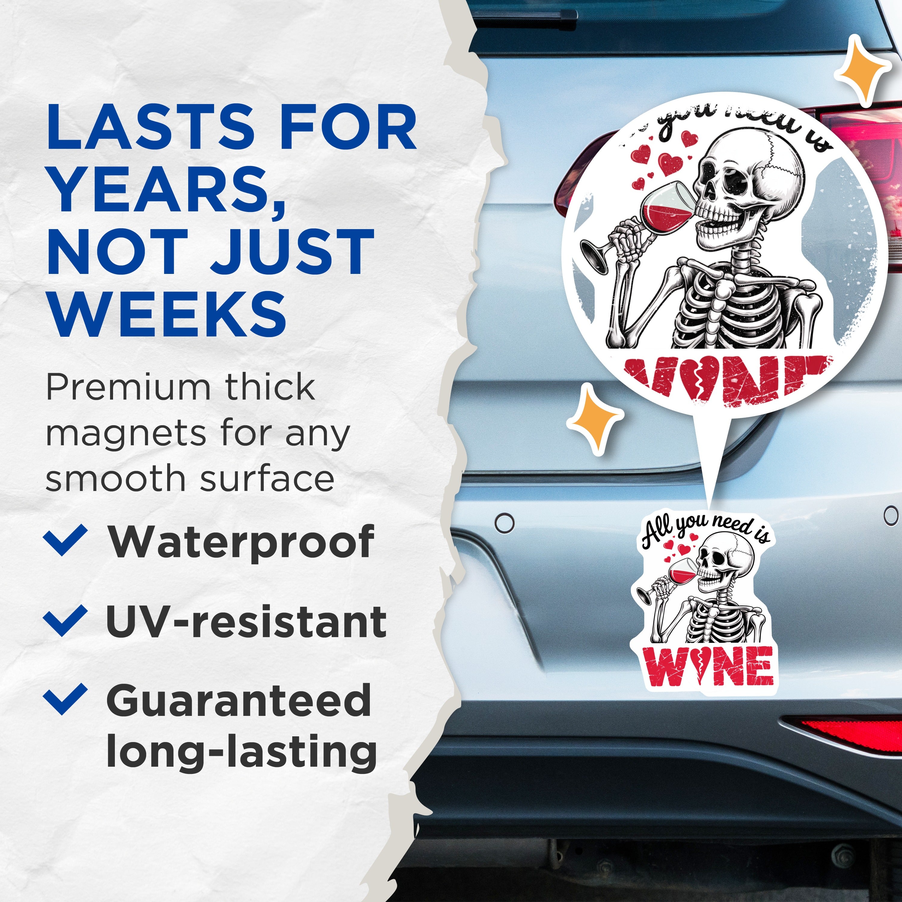(2 Pack) Funny Skull Wine Magnets - Sarcastic Goth Kitchen Decor - Refrigerator Halloween Humor - 5 Inches On Longest Side - Thick Durable Magnet - Made in USA - MAG36639