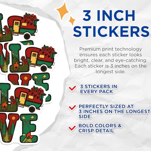 (3 Pack) Camping Decals - Love Decal - RV Camper - Adventure Decals - 3 Inches On Longest Side - Easy Peel & Apply - Made in USA - 3MCS2950