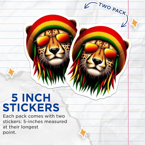 (2 Pack) Cool Lion Stickers - Rasta Lion Decal - Animal Art Sticker - 5" On Longest Side - Sticks to Smooth Flat Surfaces - Made in USA - BMCS4387