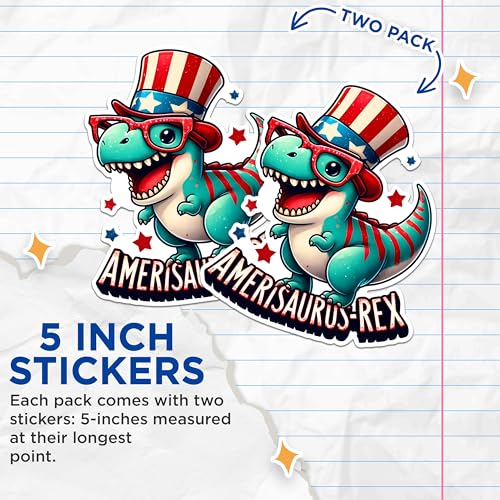(2 Pack) Dinosaur Stickers - USA Patriotic Stickers - Funny Dino Stickers for Kids and Adults - 5" On Longest Side - Sticks to Any Smooth Flat Surface - Made in USA - BMCS2719