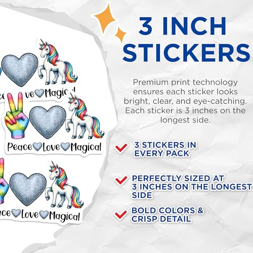 (3 Pack) Unicorn Peace Love Decals - Rainbow Peace Sign - Magical Laptop Decal - 3 Inches On Longest Side - Easy Peel & Apply - Made in USA - 3MCS6821
