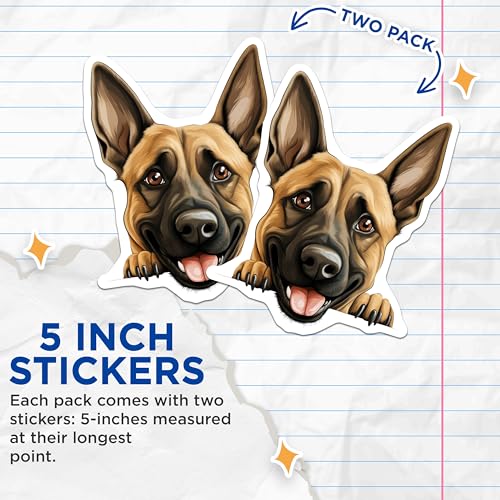 (2 Pack) German Shepherd Dog Stickers - Cute Dog Face - Animal Lover Stickers - 5" On Longest Side - Sticks to Smooth Flat Surfaces - Made in USA - BMCS9860