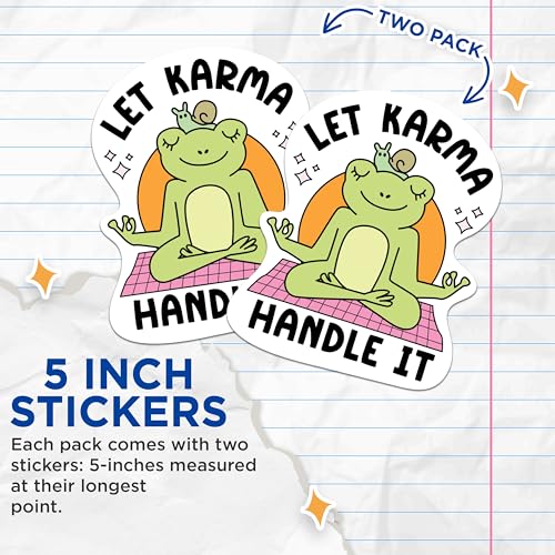 (2 Packs) Let Karma Handle It Stickers - Meditating Frog Peaceful Zen Namaste Decals - 5 Inches On Longest Side - Premium Vinyl Decal - Sticks to Any Smooth Flat Surface - Made in USA - BMCS2305