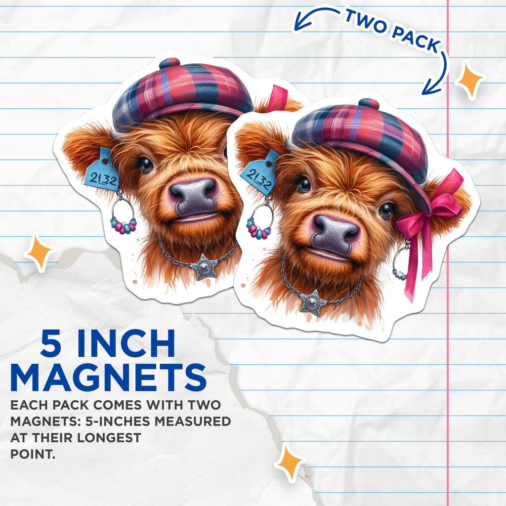 (2 Pack) Highland Cow Magnets - Cute Baby Calf Fridge Decor - Whimsical Farm Animal Kitchen Art for Home - 5 Inches On Longest Side - Thick Durable Magnet - Made in USA - MAG38143