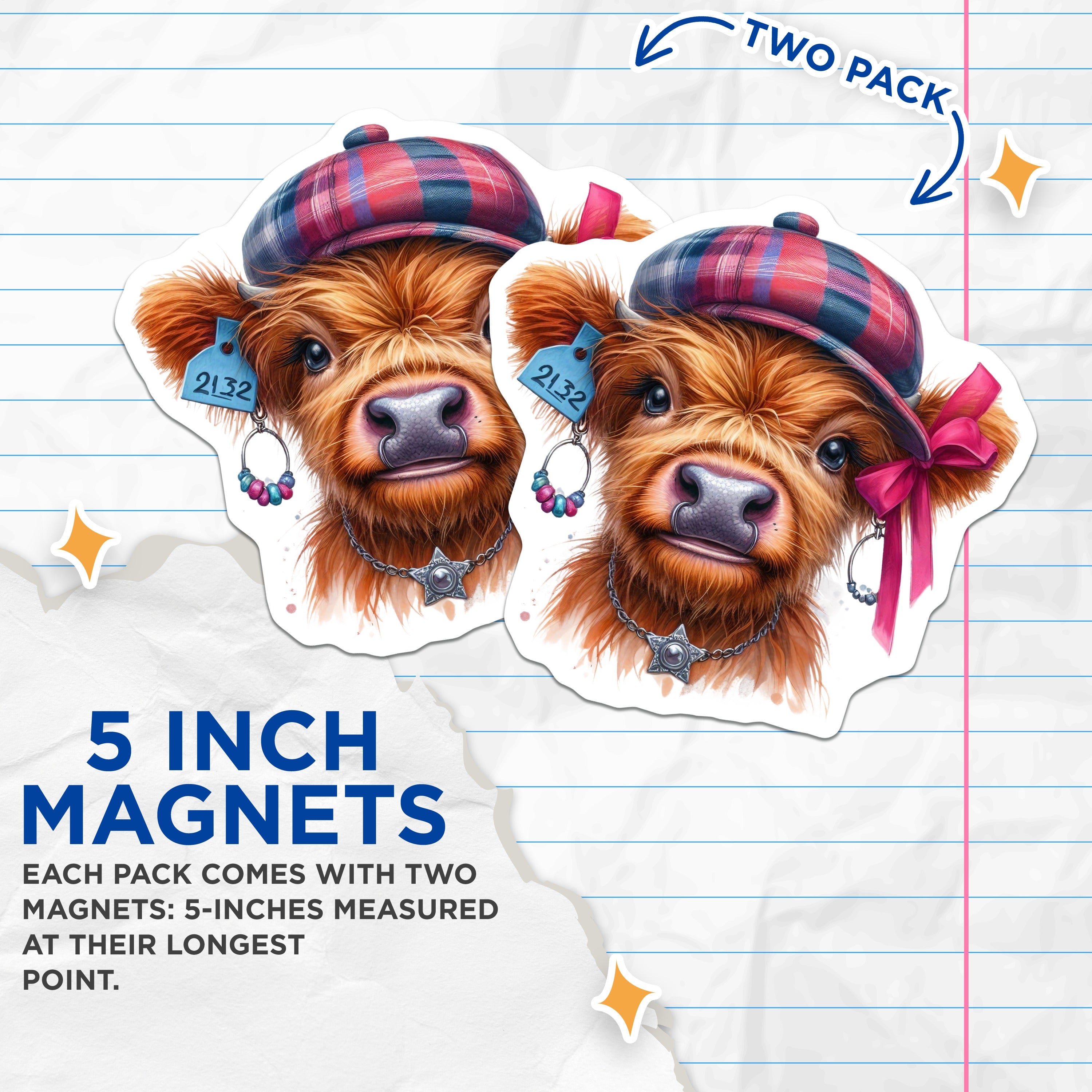 (2 Pack) Highland Cow Magnets - Cute Baby Calf Fridge Decor - Whimsical Farm Animal Kitchen Art for Home - 5 Inches On Longest Side - Thick Durable Magnet - Made in USA - MAG38143
