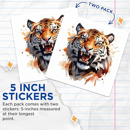 (2 Pack) Tiger Head Art Stickers - Roaring Tiger Vinyl Decals - 5" On Longest Side - Sticks to Smooth Flat Surfaces - Made in USA - BMCS8709 - BMCS8709