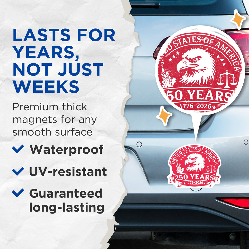 (2 Pack) USA 250th Anniversary Magnets - Patriotic American Decor - Bald Eagle Statue of Liberty Scales - 5 Inches On Longest Side - Thick Durable Magnet - Made in USA - MAG39789