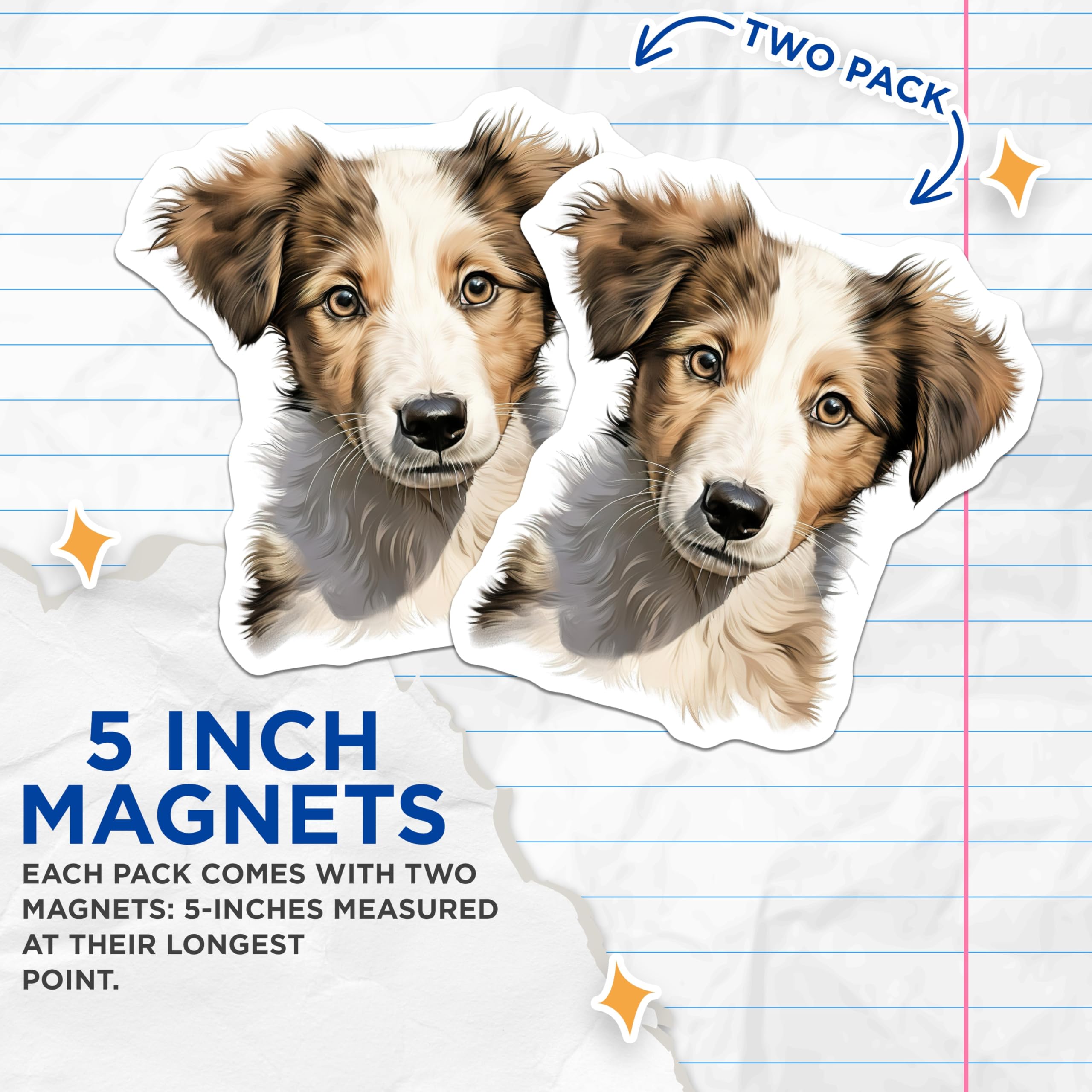 (2 Pack) Adorable Puppy Magnets - Dog Lover Refrigerator Decor - Pet Owner Home Accessories - Cute Collie Puppy Art - 5 Inches On Longest Side - Thick Durable Magnet - Made in USA - MAG28542