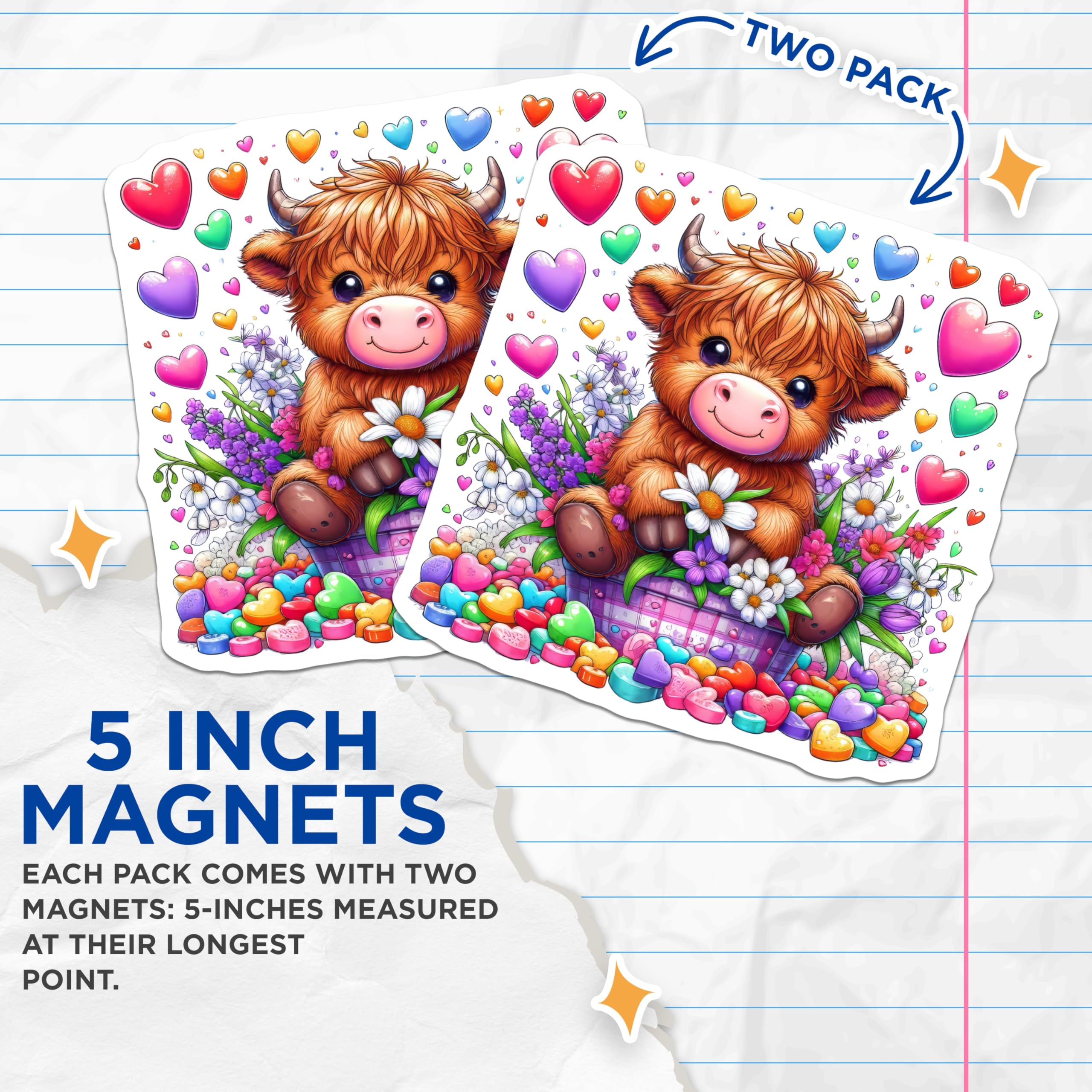 (2 Pack) Highland Cow Magnets - Cute Animal Decor - Heart Flower Magnets - 5" On Longest Side - Premium Magnet - for Cars, Refrigerators, Toolboxes, Lockers - Made in USA - MAG14085