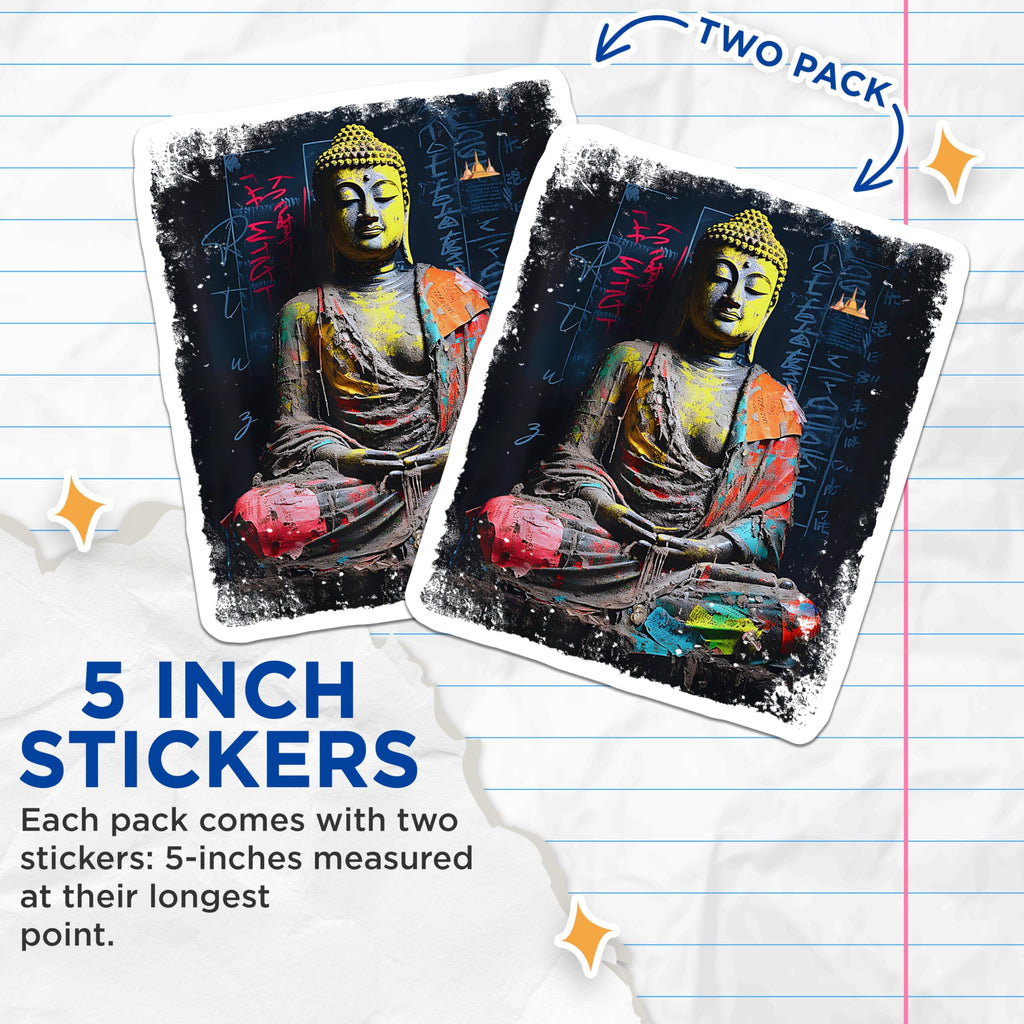 (2 Pack) Buddha Meditation Stickers - Colorful Buddha Art Stickers - Zen Spiritual Stickers - 5" On Longest Side - Sticks to Any Smooth Flat Surface - Made in USA - BMCS3372
