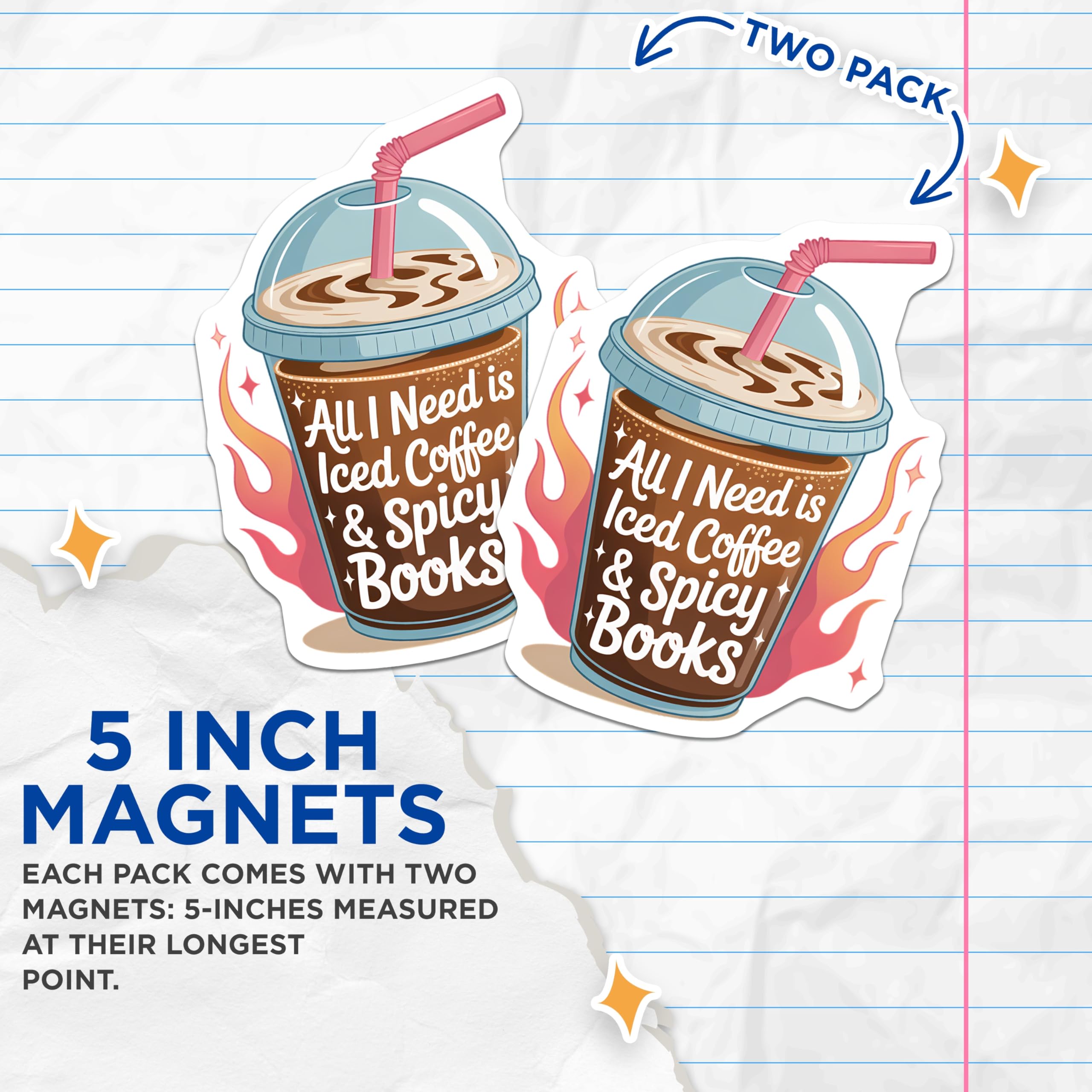(2 Pack) Iced Coffee Magnets - Spicy Books Reader - Book Lover Decor - Cozy Reading Nook Art - Literary Drinker Accessory - 5 Inches On Longest Side - Thick Durable Magnet - Made in USA - MAG21520