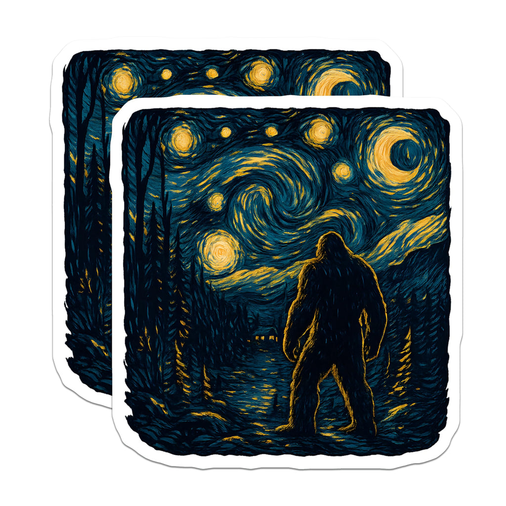 (2 Pack) Bigfoot Magnets - Starry Night Sasquatch Art - Van Gogh Style Cryptid Decor - Mysterious Forest Scene Magnets - 5 Inches On Longest Side - Thick Durable Magnet - Made in USA - MAG21893