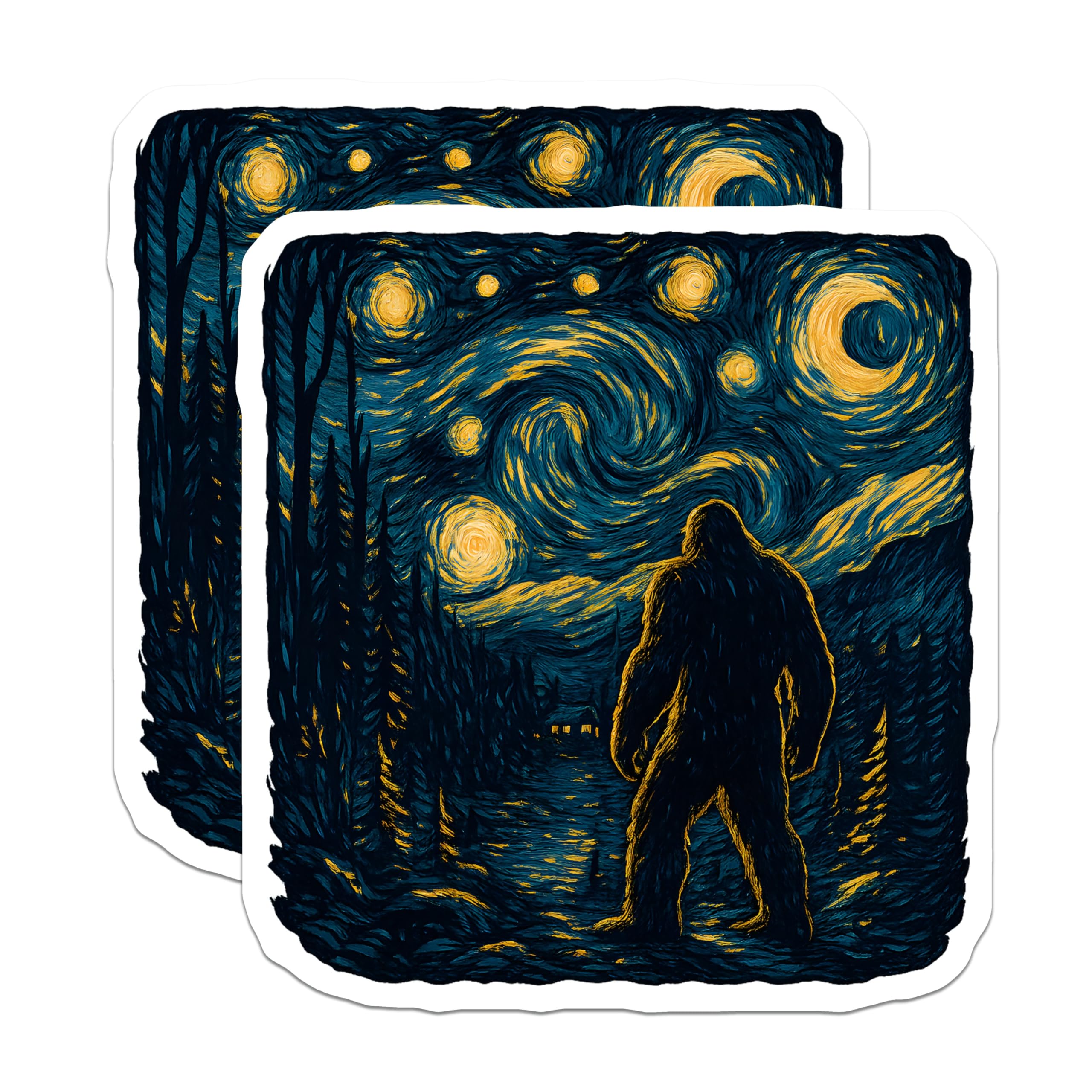 (2 Pack) Bigfoot Magnets - Starry Night Sasquatch Art - Van Gogh Style Cryptid Decor - Mysterious Forest Scene Magnets - 5 Inches On Longest Side - Thick Durable Magnet - Made in USA - MAG21893