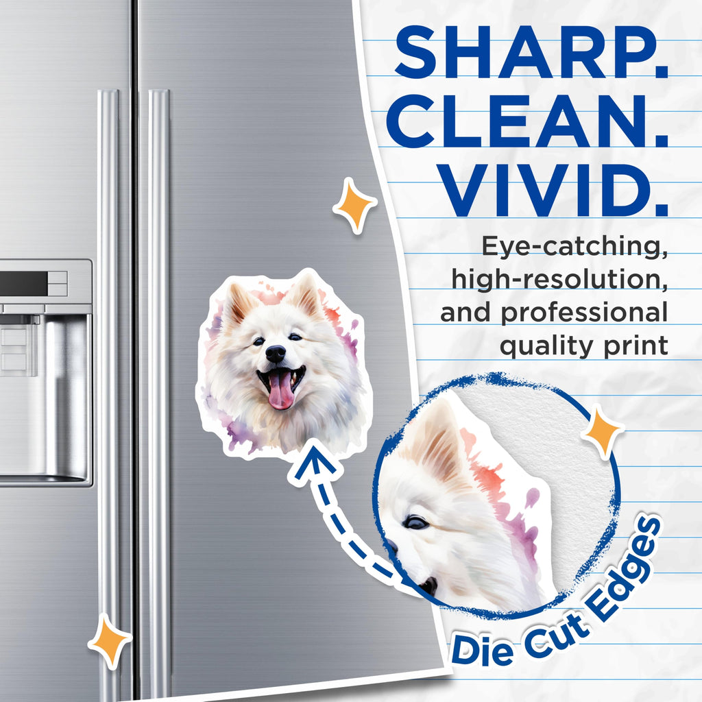 (2 Pack) Samoyed Dog Magnets - Watercolor Pet Art - Happy Smiling Fluffy Puppy Decor - White Dog Lover Items - 5 Inches On Longest Side - Thick Durable Magnet - Made in USA - MAG24829