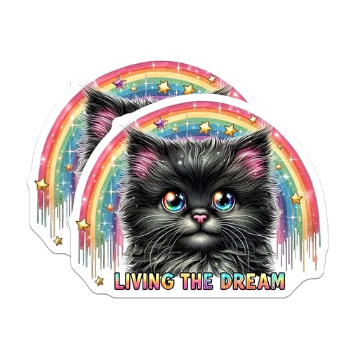 (2 Pack) Living The Dream Cat Stickers - Cute Kitten Rainbow Stickers - Adorable Feline Star Stickers - 5" On Longest Side - Sticks to Smooth Flat Surfaces - Made in USA - BMCS4593
