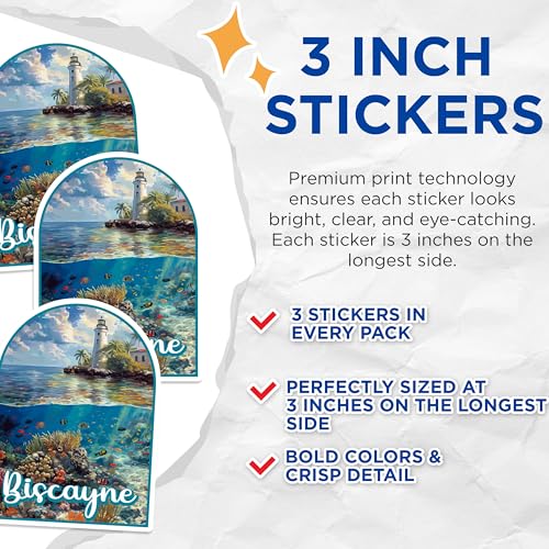 (3 Pack) Biscayne National Park Decals - Lighthouse Scenery - Ocean Reef Art - 3 Inches On Longest Side - Easy Peel & Apply - Made in USA - 3MCS0397