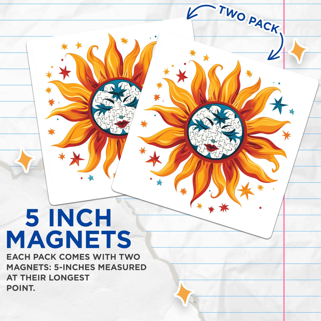 (2 Pack) Boho Sun Magnets - Artistic Puzzle Face Celestial Decor - Unique Mystical Fridge Locker Art - 5 Inches On Longest Side - Thick Durable Magnet - Made in USA - MAG29845