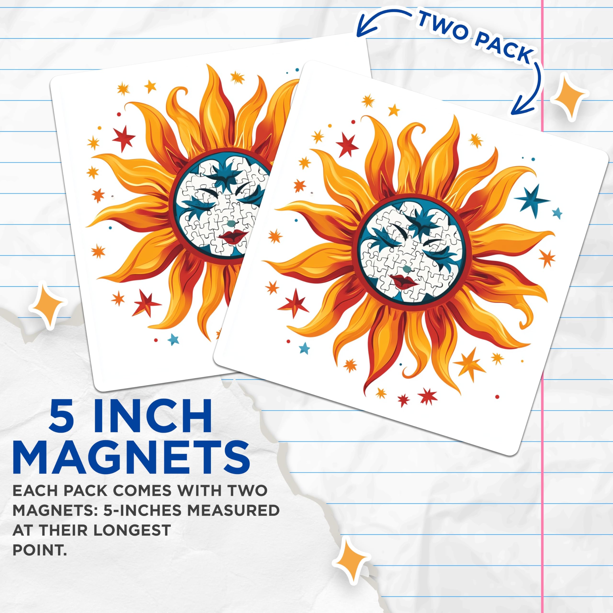 (2 Pack) Boho Sun Magnets - Artistic Puzzle Face Celestial Decor - Unique Mystical Fridge Locker Art - 5 Inches On Longest Side - Thick Durable Magnet - Made in USA - MAG29845