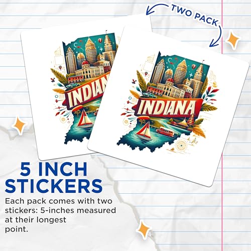 (2 Pack) Indiana State Landmark Stickers - Scenic Indiana Cityscape Stickers - Vintage Indiana Decal - 5" On Longest Side - Sticks to Smooth Flat Surfaces - Made in USA - BMCS5111