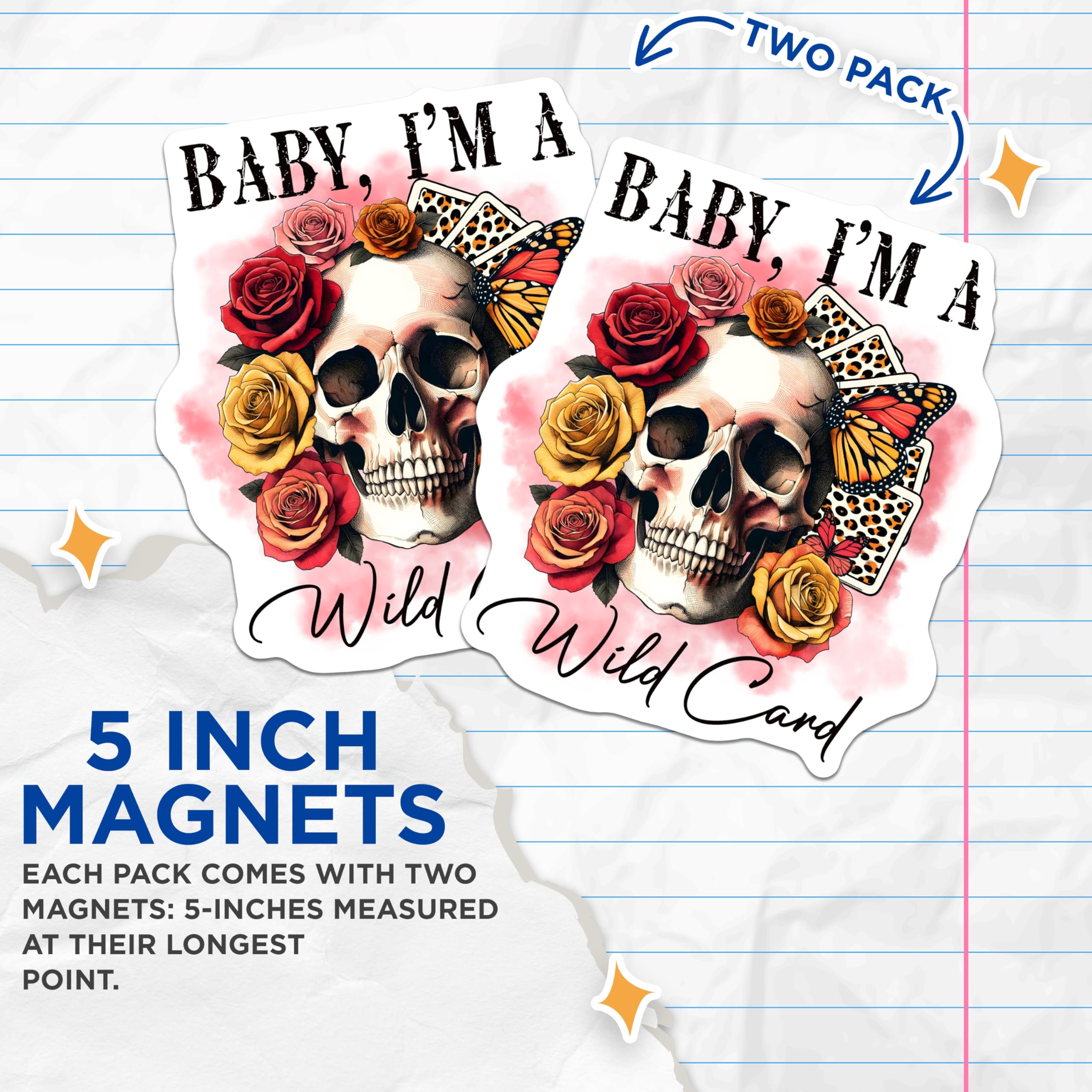 (2 Pack) Wild Card Magnets - Skull and Roses - Playing Card Magnets - 5" On Longest Side - Premium Magnet - for Cars, Refrigerators, Toolboxes, Lockers - Made in USA - MAG14731