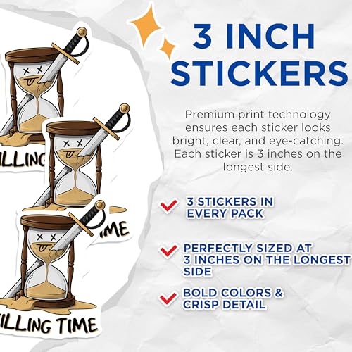 (3 Pack) Killing Time Decals - Hourglass Sticker - Sword Laptop Decal - 3 Inches On Longest Side - Easy Peel & Apply - Made in USA - 3MCS6393