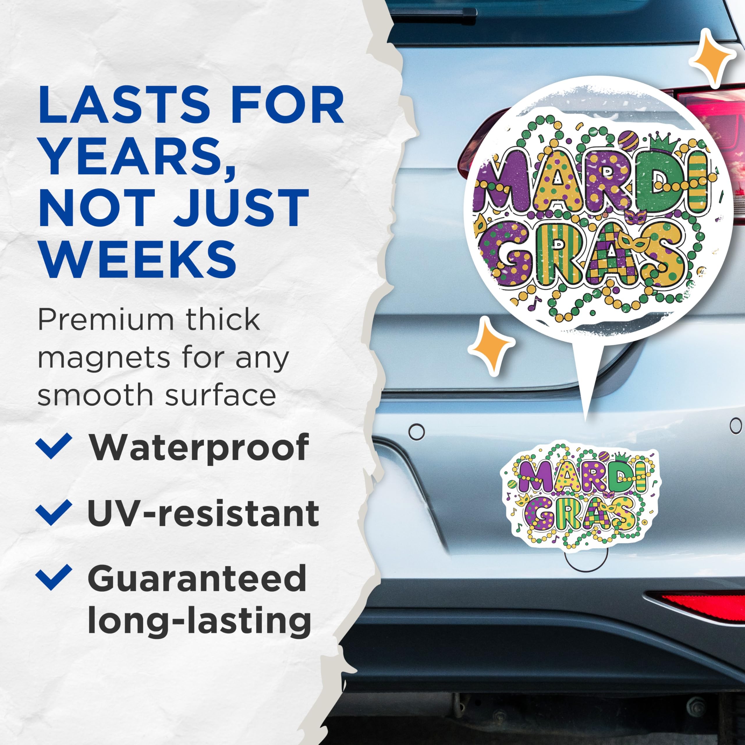 (2 Pack) Mardi Gras Magnets - Celebration Magnets - Party Decor Magnets - 5" On Longest Side - Premium Magnet - for Cars, Refrigerators, Toolboxes, Lockers - Made in USA - MAG15470