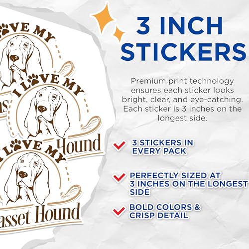 (3 Pack) Basset Hound Decals - Dog Breed Lover - Pet Owner Accessory - 3 Inches On Longest Side - Easy Peel & Apply - Made in USA - 3MCS1752