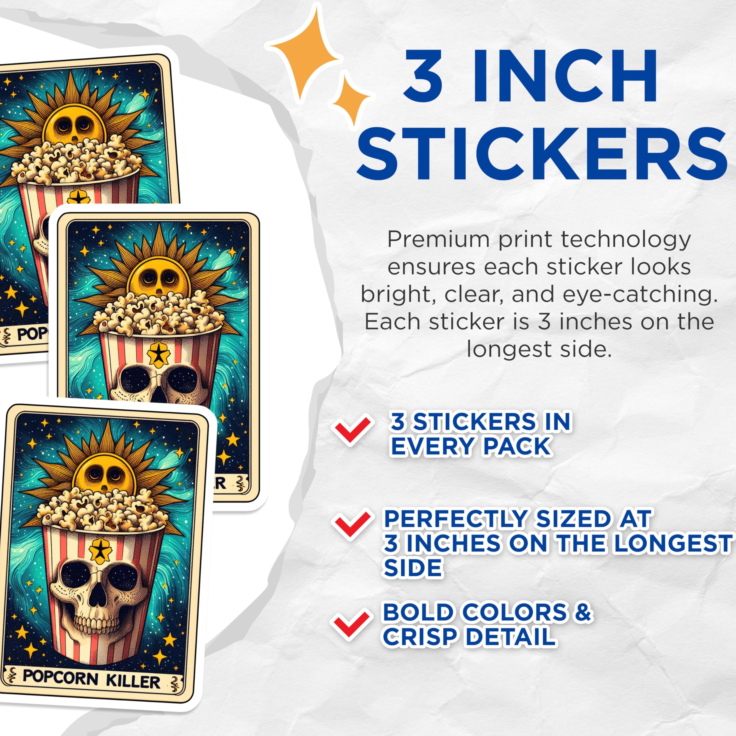 (3 Pack) Popcorn Killer Decals - Skull Laptop Decal - Movie Lover Decals - 3 Inches On Longest Side - Easy Peel & Apply - Made in USA - 3MCS4036