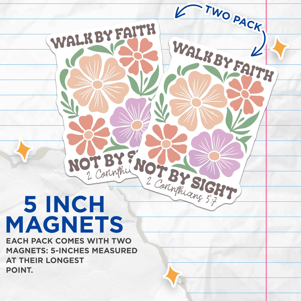 (2 Pack) Floral Scripture Magnets - Walk by Faith - Christian Home Decor Magnets - 5" On Longest Side - Premium Magnet - for Cars, Refrigerators, Toolboxes, Lockers - Made in USA - MAG16857