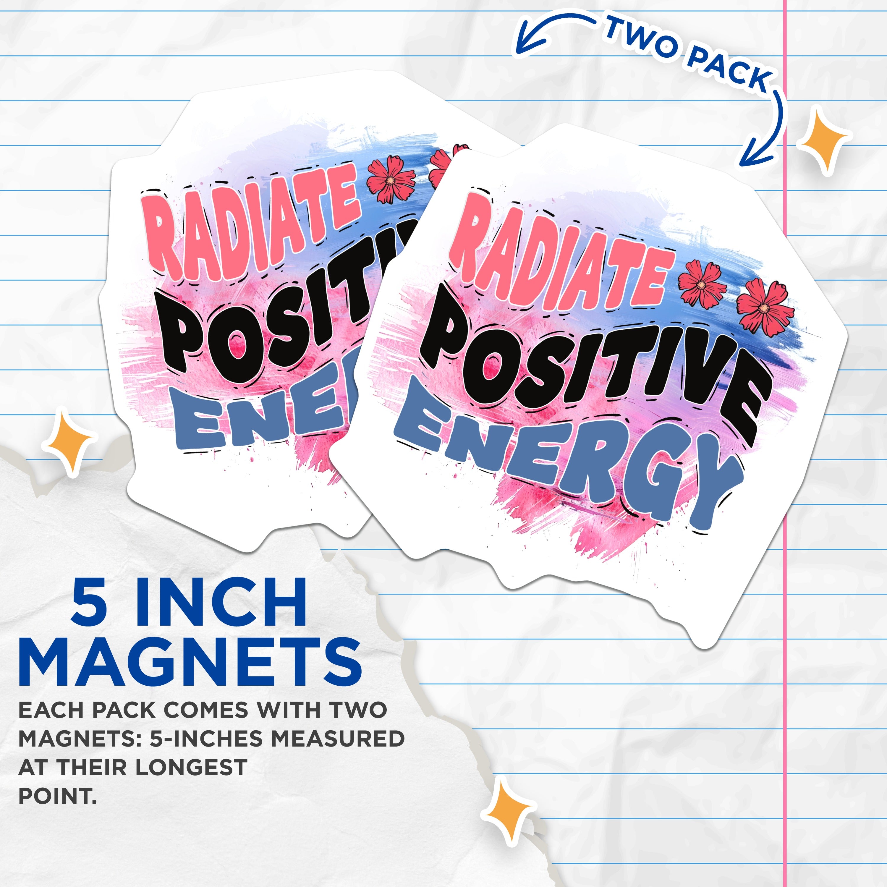 (2 Pack) Radiate Positive Energy Magnets - Motivational Fridge Decor - Good Vibes Affirmation - 5 Inches On Longest Side - Thick Durable Magnet - Made in USA - MAG38978