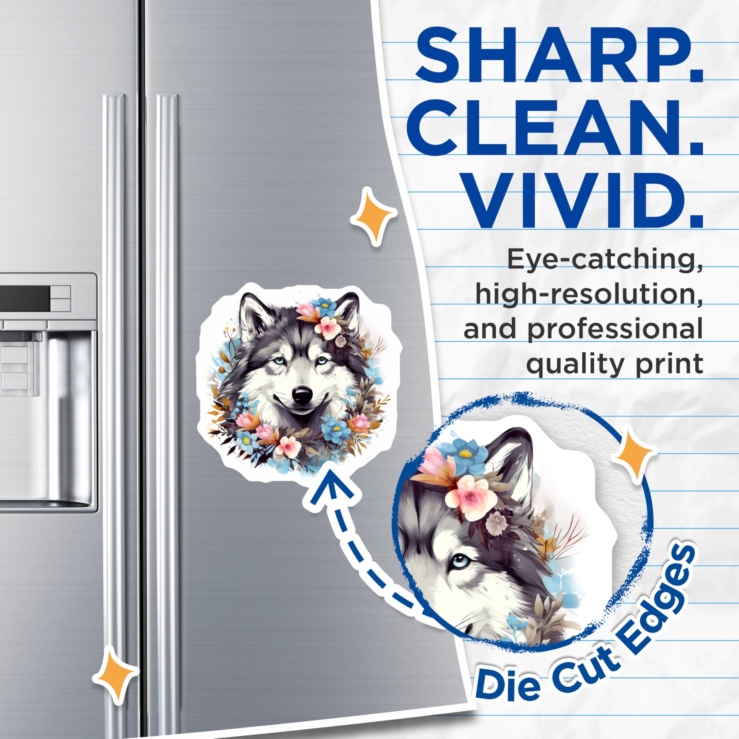 (2 Pack) Husky Magnets - Watercolor Floral Dog Art - Smiling Wolf Lover Refrigerator Accents - 5 Inches On Longest Side - Thick Durable Magnet - Made in USA - MAG26805