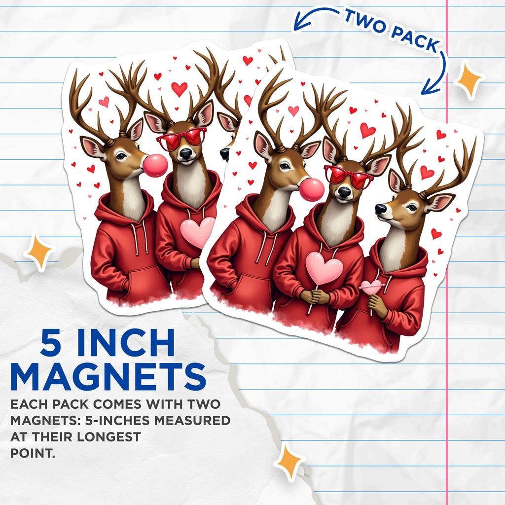 (2 Pack) Cute Deer Magnets - Valentine's Day Decor - Whimsical Love Hearts - Funny Animal Art for Refrigerator Locker - 5 Inches On Longest Side - Thick Durable Magnet - Made in USA - MAG39170