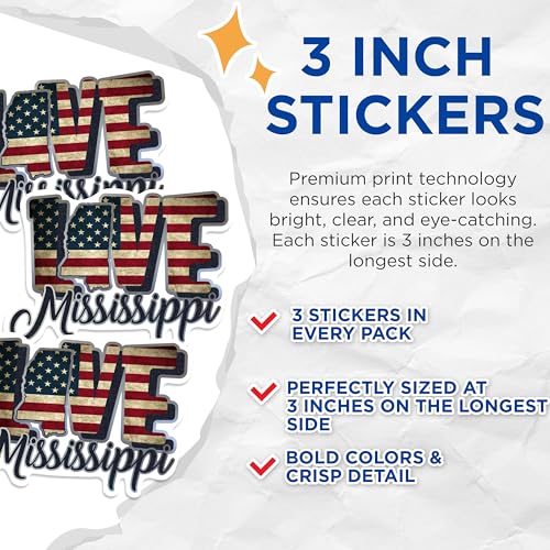 (3 Pack) Mississippi Decals - State Pride Decal - Patriotic Laptop Decals - 3 Inches On Longest Side - Easy Peel & Apply - Made in USA - 3MCS0315