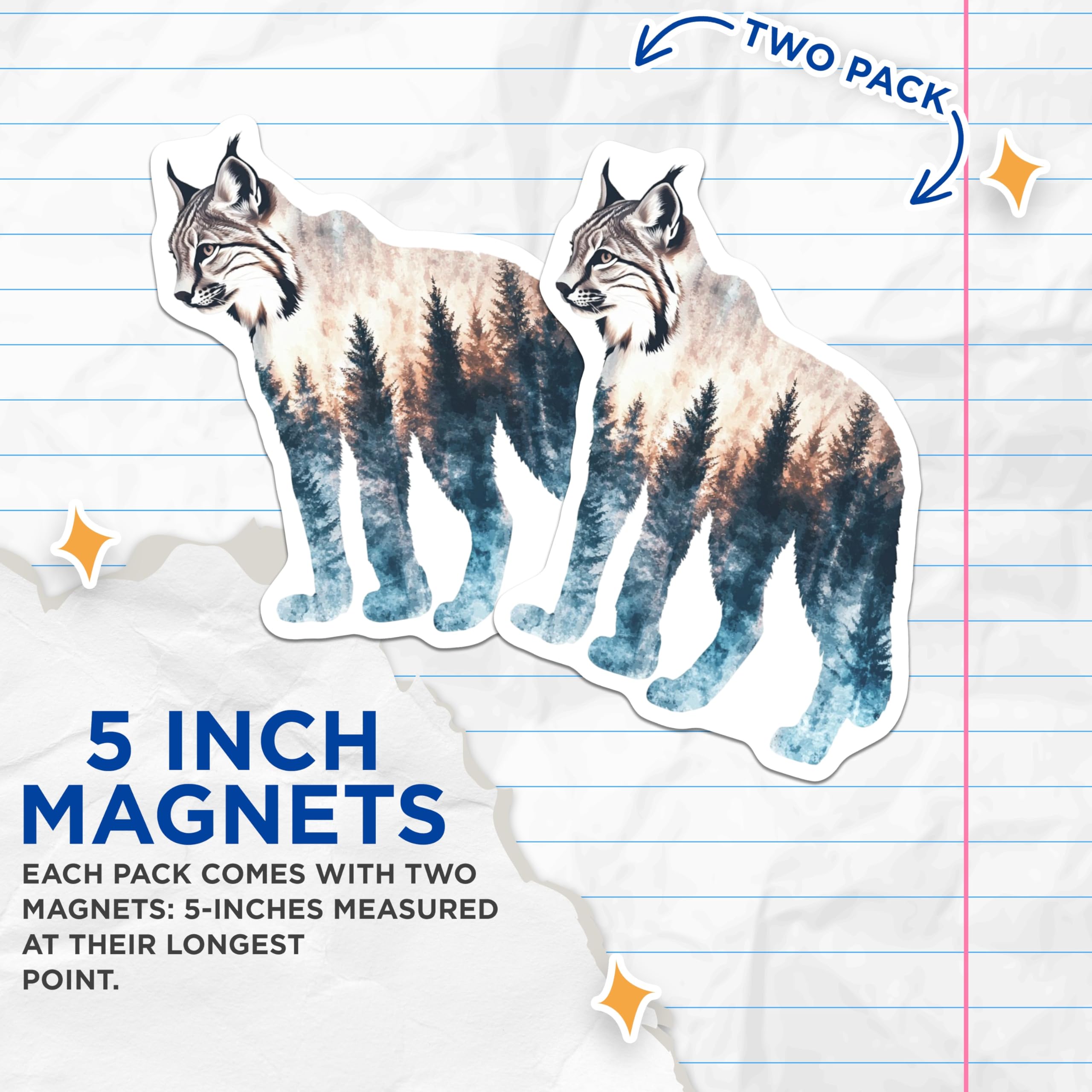 (2 Pack) Bobcat Magnets - Forest Animal Art - Unique Fridge Magnets - 5" On Longest Side - Premium Magnet - for Cars, Refrigerators, Toolboxes, Lockers - Made in USA - MAG14339