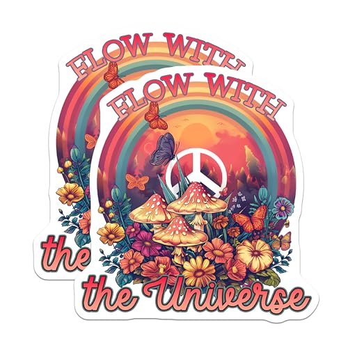 (2 Pack) Flow with The Universe Stickers - Rainbow Peace Sign - Mushrooms and Flowers Decal - 5" On Longest Side - Sticks to Smooth Flat Surfaces - Made in USA - BMCS8876