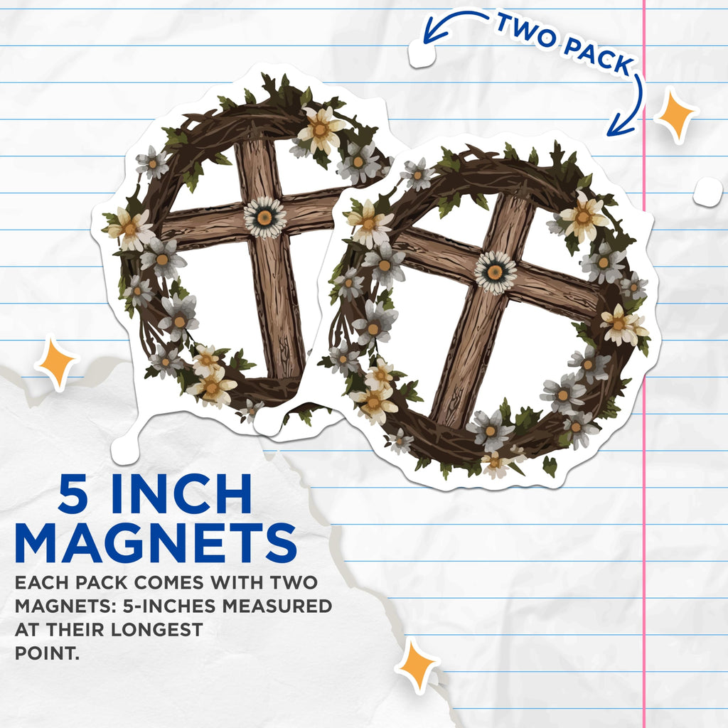 (2 Pack) Christian Cross Wreath Magnets - Rustic Farmhouse Decor - Spiritual Home Accent - 5 Inches On Longest Side - Thick Durable Magnet - Made in USA - MAG30526